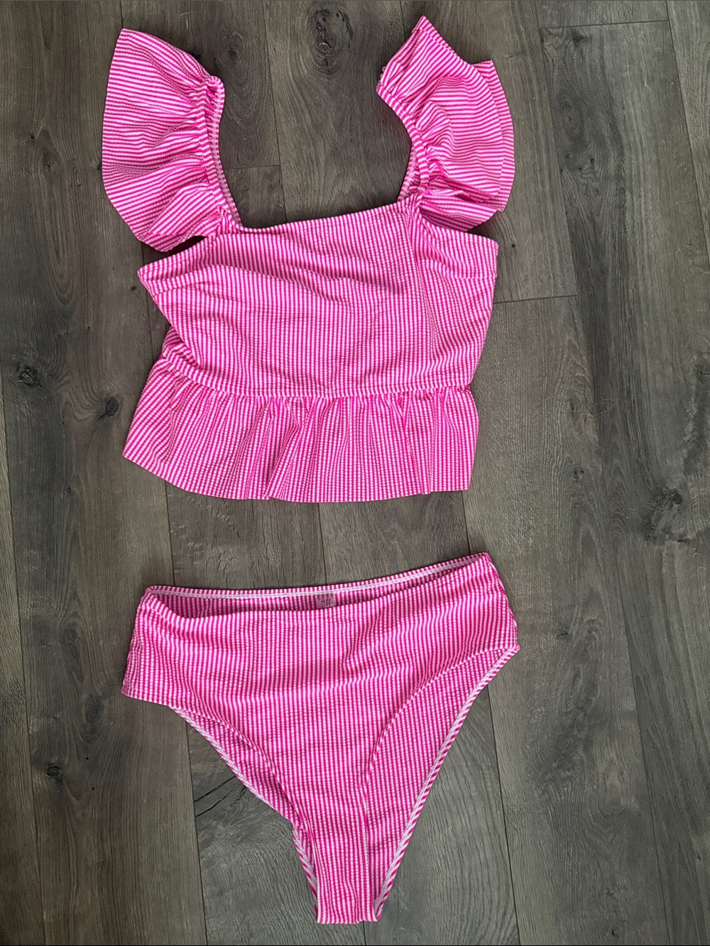 SHEIN Pink Striped Ruffle Tankini Bikini Set